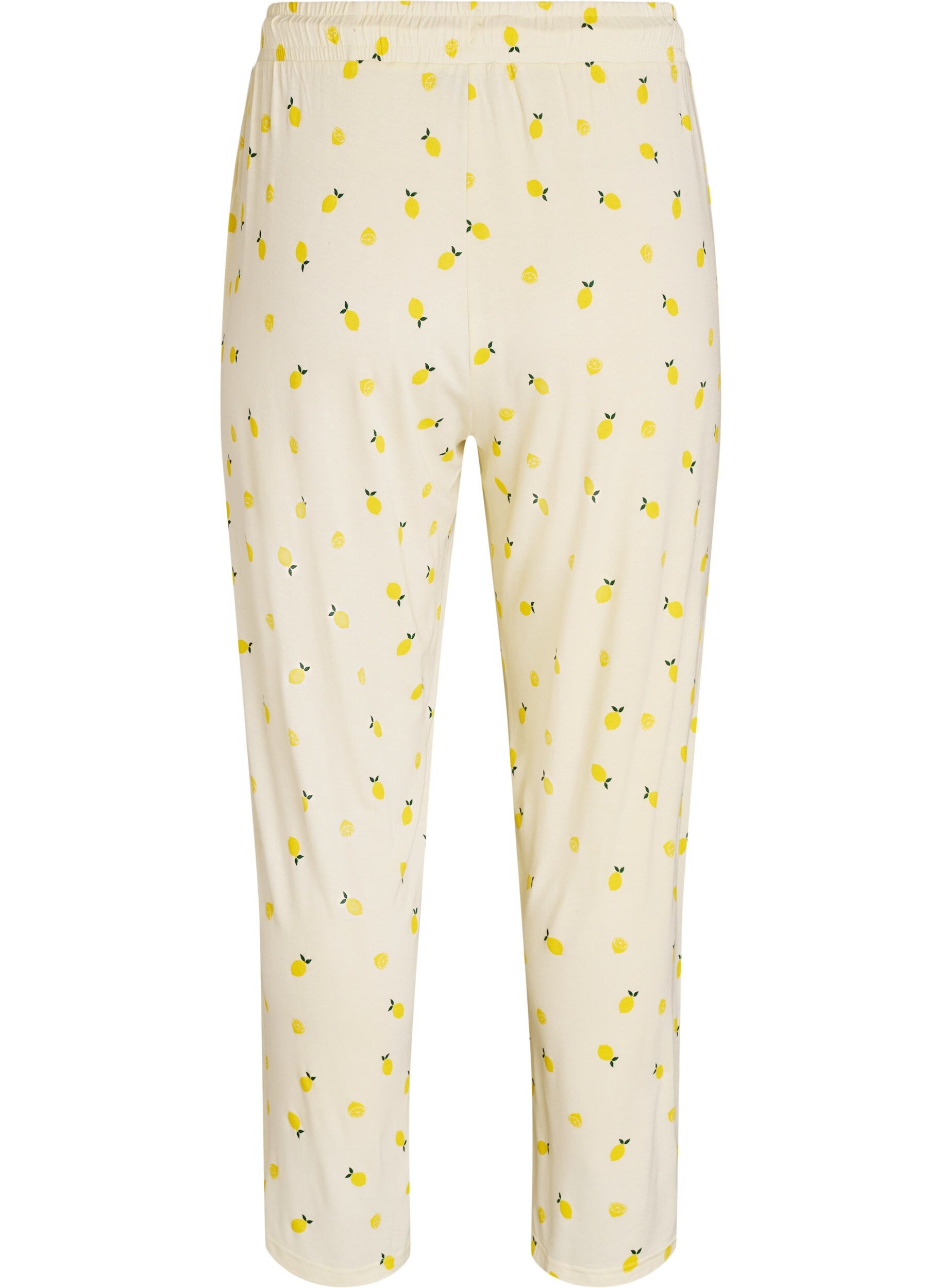 Zizzi Pyjamabroek in zachte jersey met hoge taille en fruitprint, Geel, Packshot image number 1