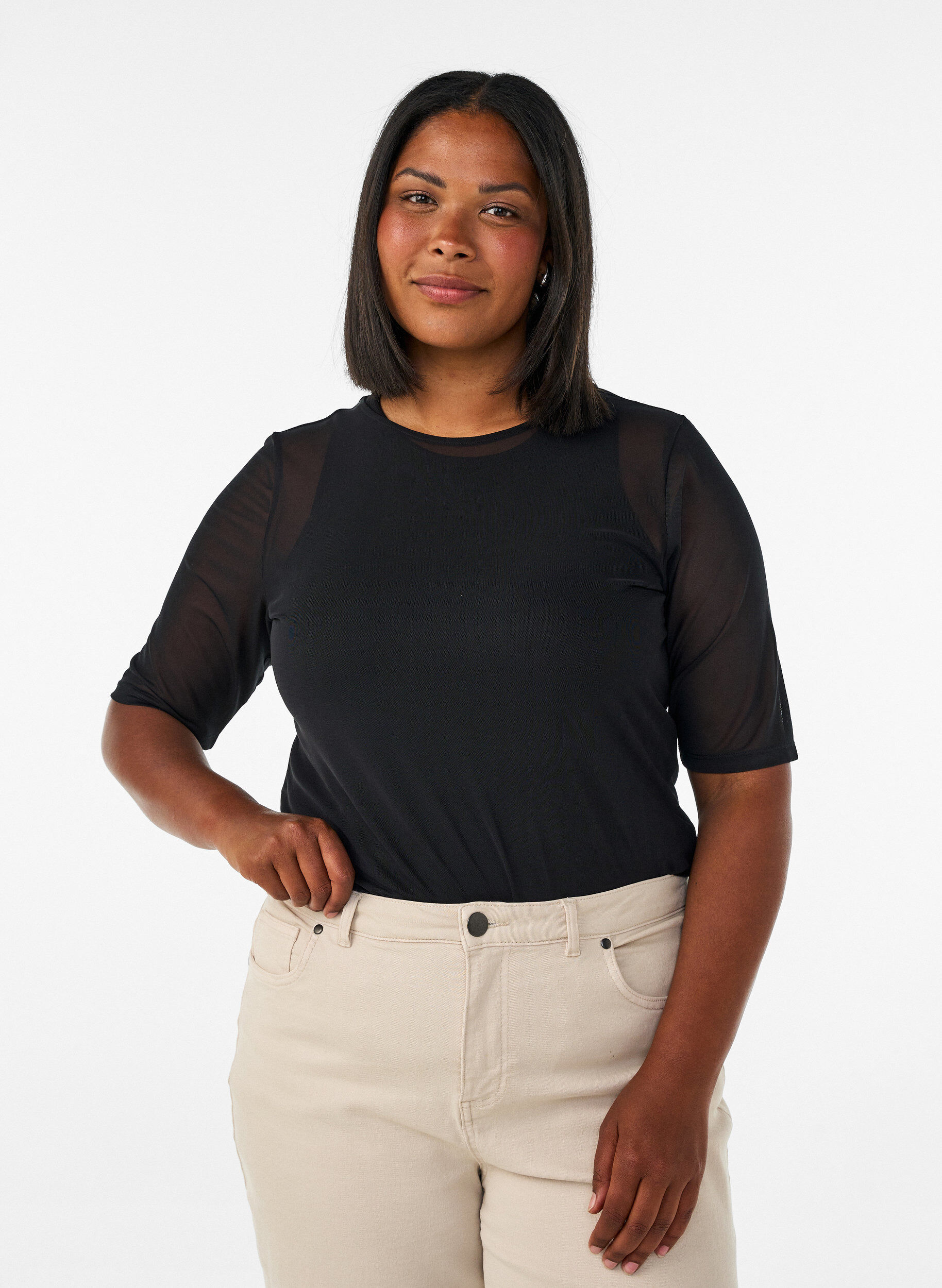 Mesh top met korte mouwen en ronde hals, Zwart, Model