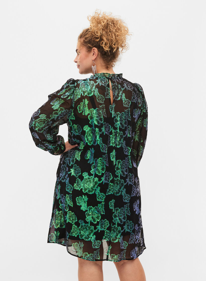 Jurk van viscose met bloemen en lurex structuur, Black w. Green Lurex, Model image number 1