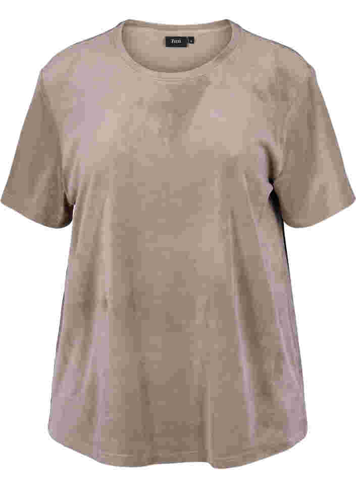 Velours t-shirt met korte mouwen, Taupe Gray, Packshot image number 0