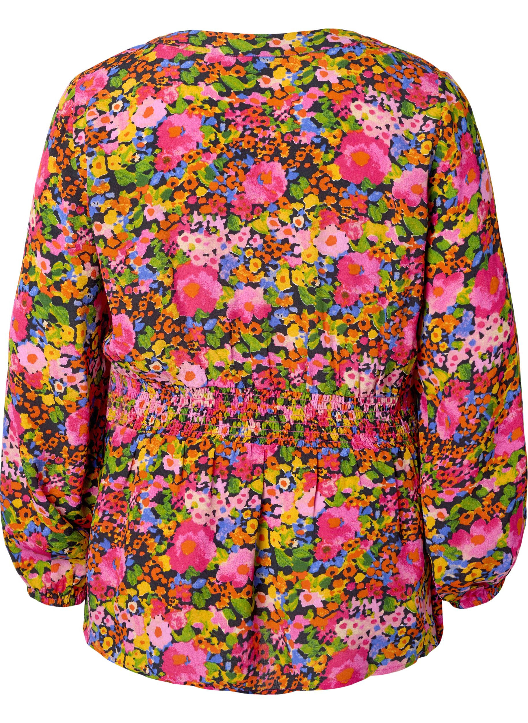 Zizzi Viscose blouse met bloemenprint en smok, Neon Flower Print, Packshot image number 1