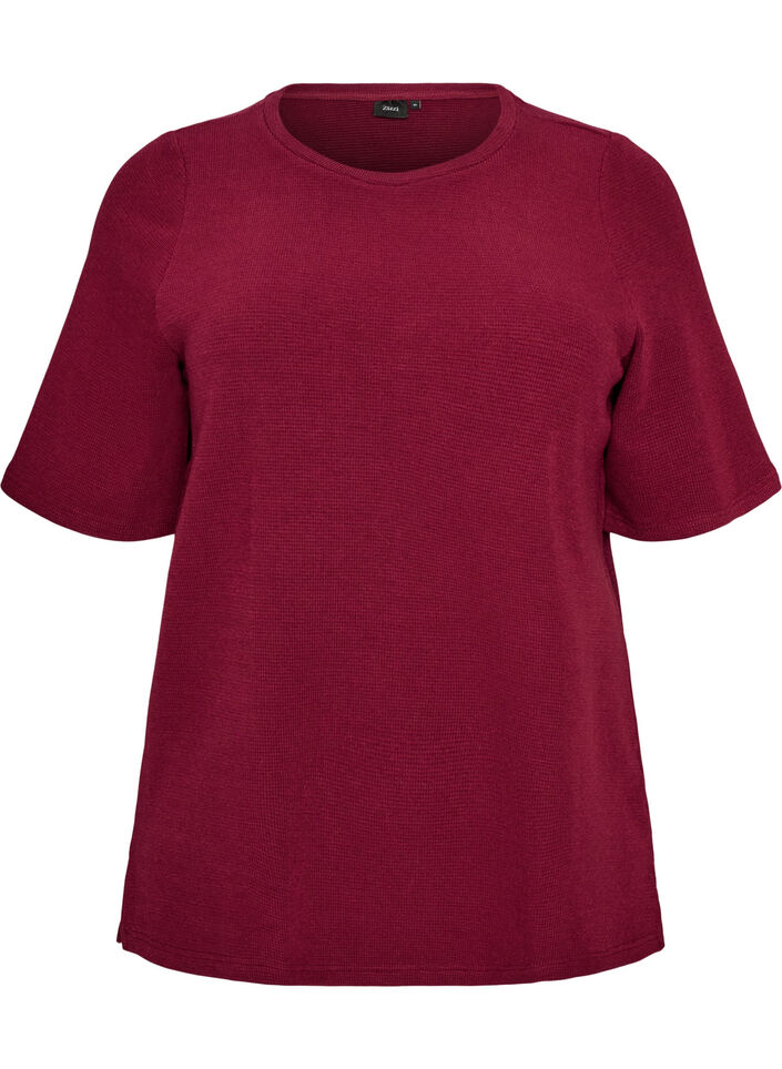 Blouse met een textuur met ellebooglengte mouwen, Rood, Packshot image number 0