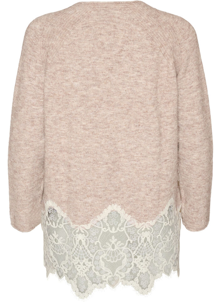 Gebreide blouse met raglanmouwen en een brede kanten rand, Beige, Packshot image number 1