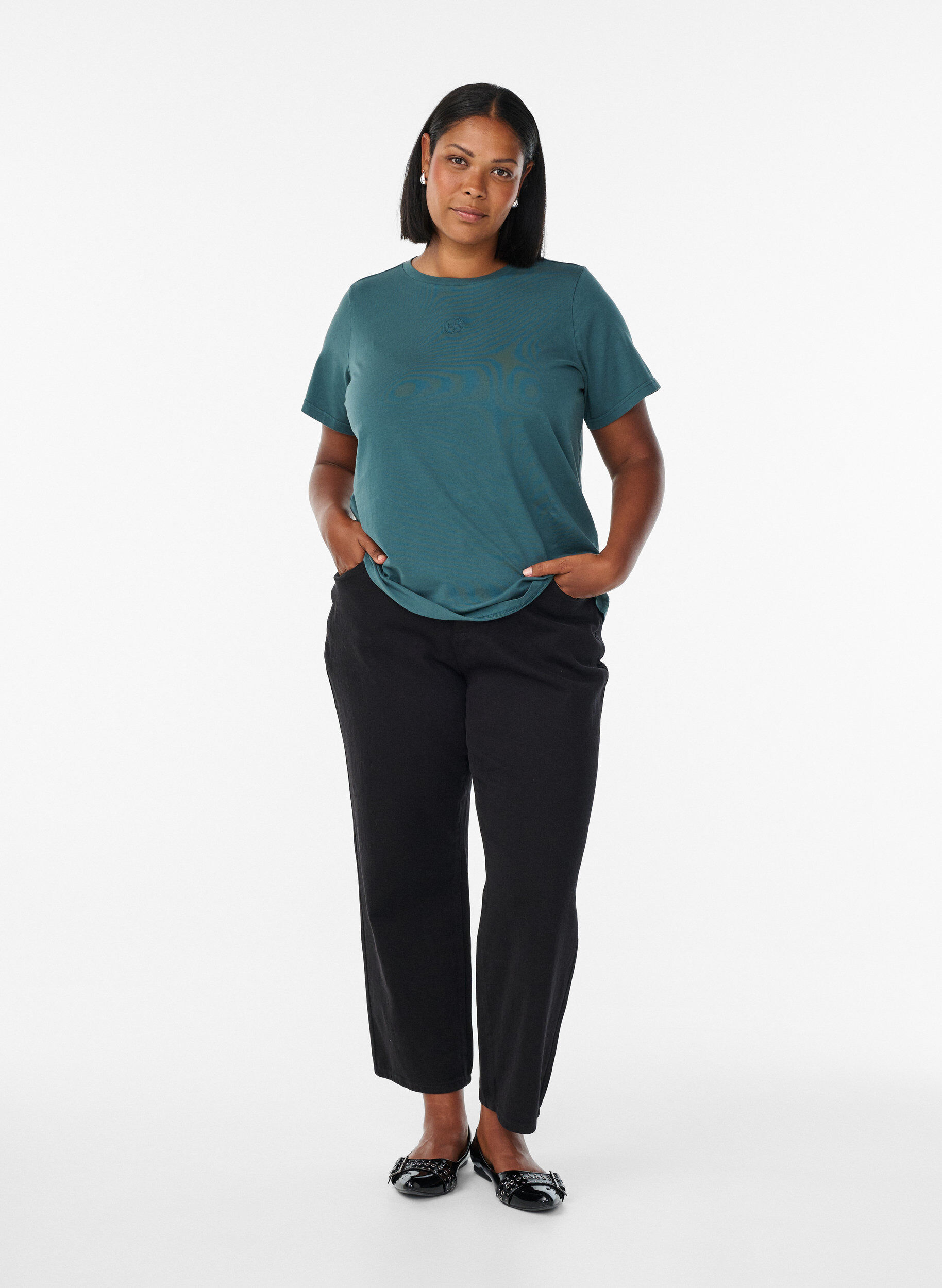 Zizzi T-shirt in biologische katoen met een gewassen look, Blauw, Model image number 1