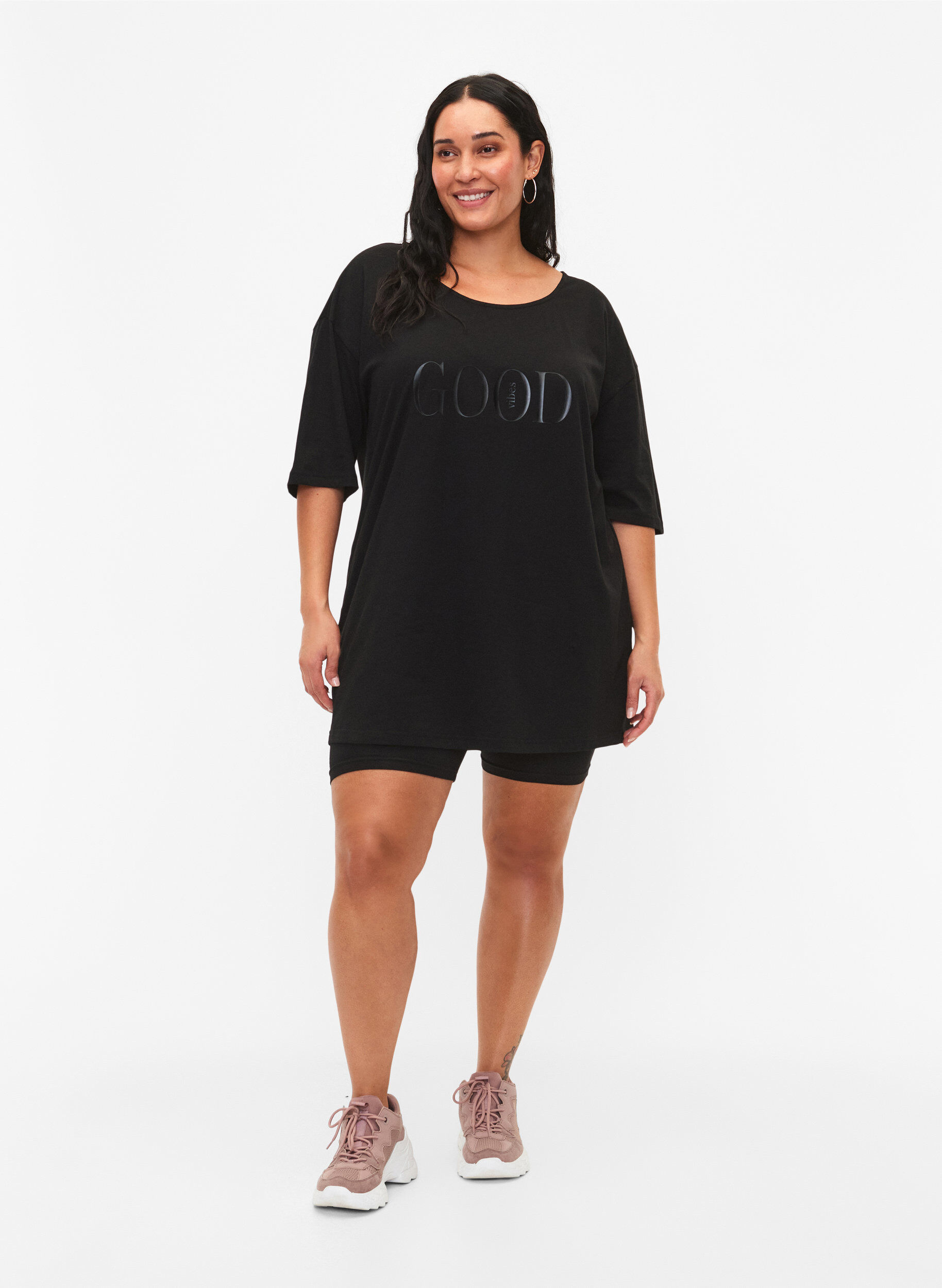Zizzi Oversized katoenen t-shirt met print, Black GOOD, Model image number 2