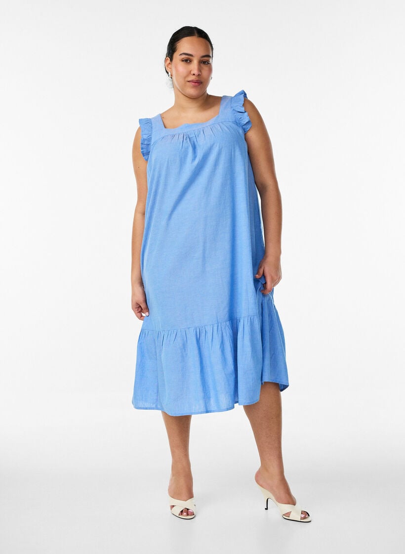 Midi-jurk in katoen met ruches, Blauw, Model image number 0
