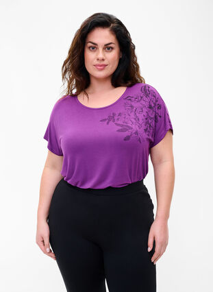 Viscose t-shirt met korte mouwen en bloemenprint, Grape Juice Flower, Model image number 0