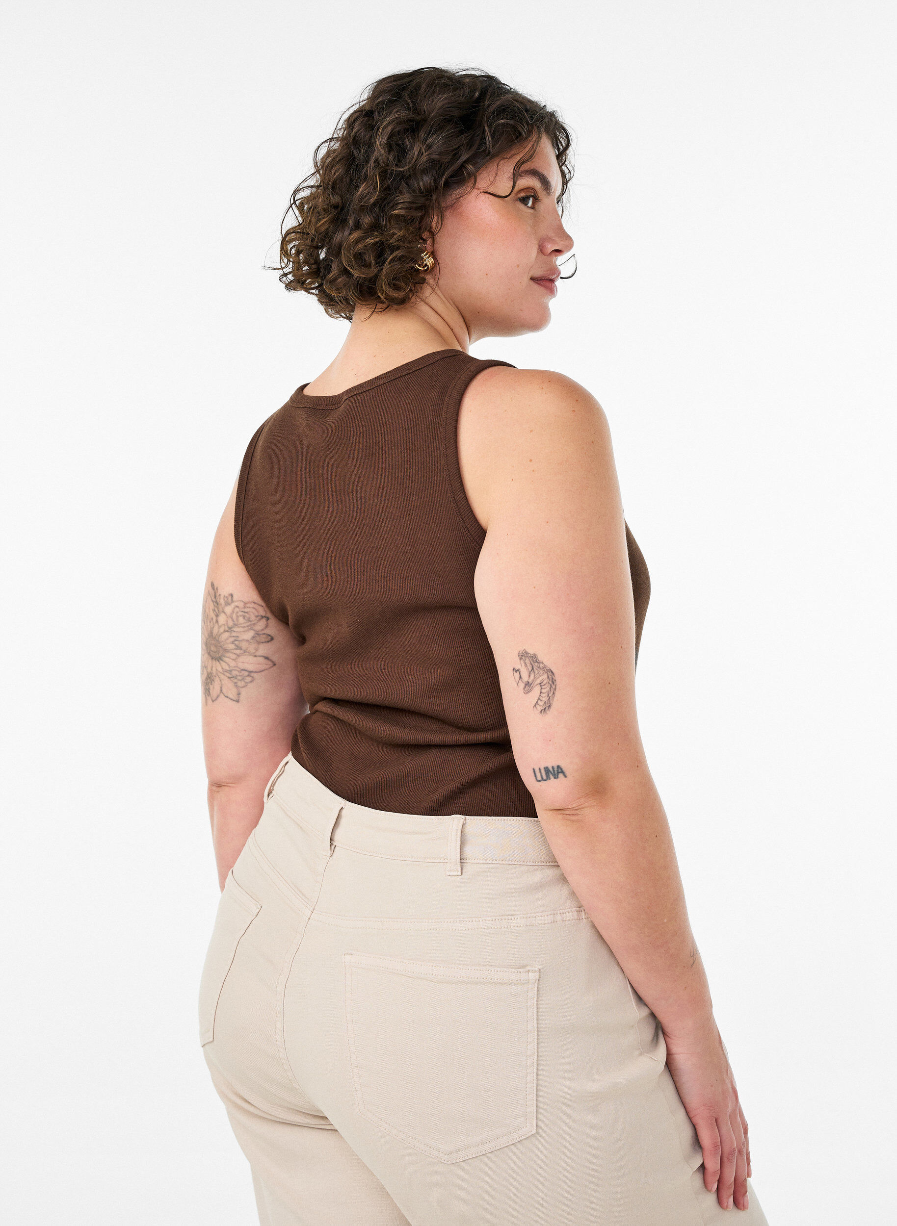 ZizziKatoenen ribtop met hoge hals, Bruin, Model image number 2