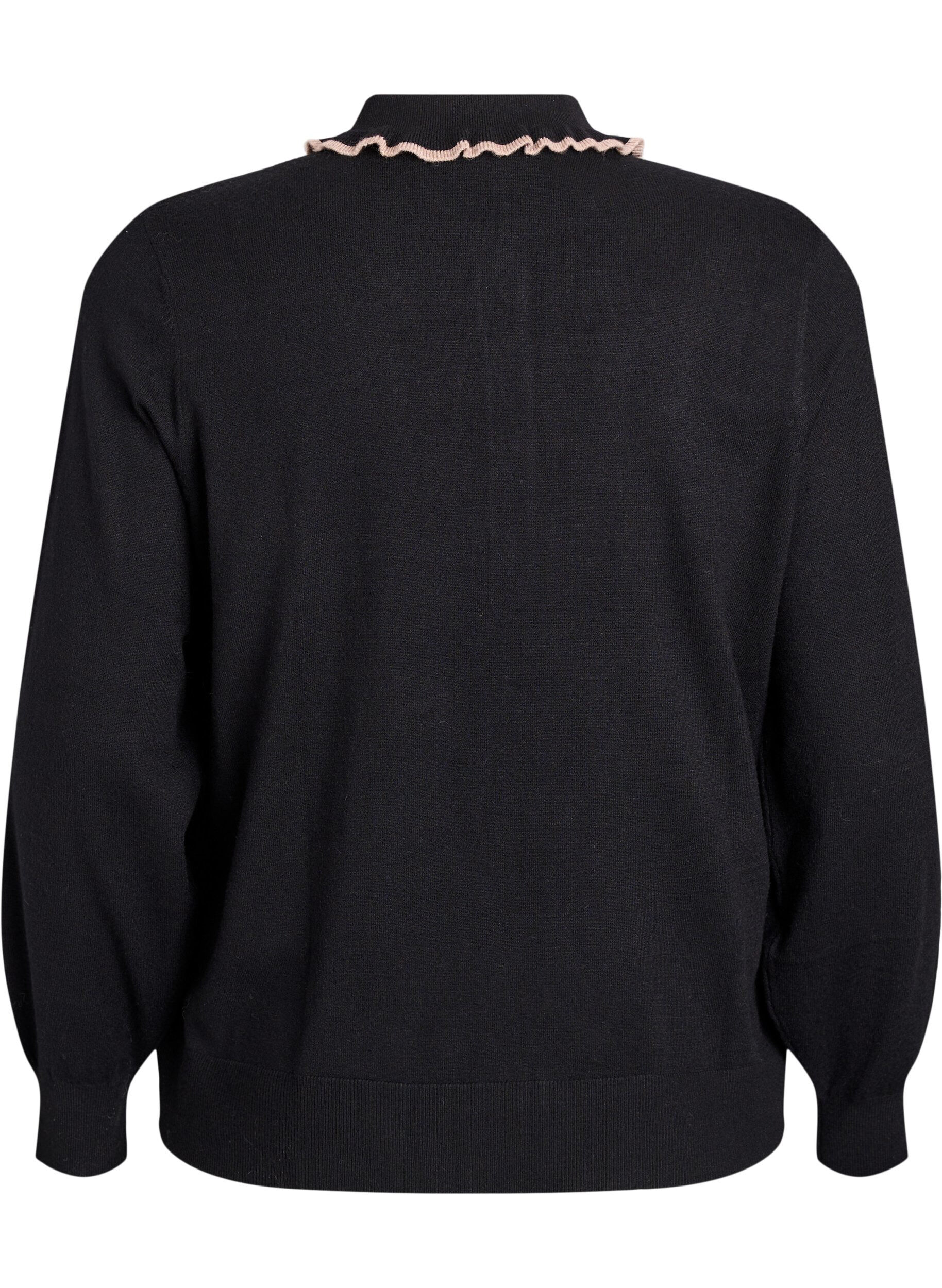 Zizzi Gebreide blouse met een geruffelde polokraag, Zwart, Packshot image number 1