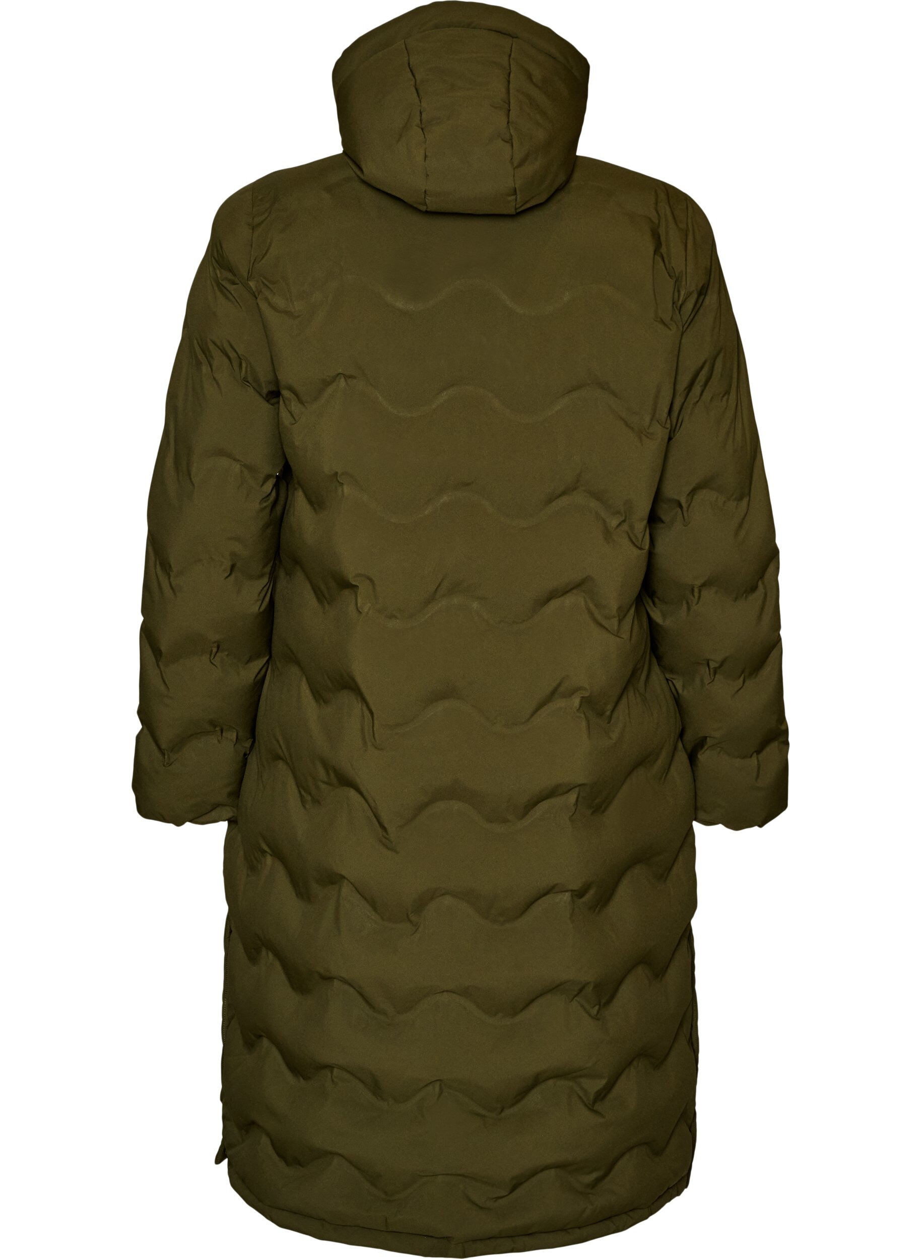 ZizziLange gewatteerde jas met capuchon en een golfpatroon, Groen, Packshot image number 1