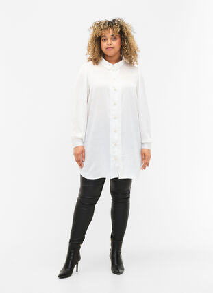 Lang shirt met parelknopen, Bright White, Model image number 2