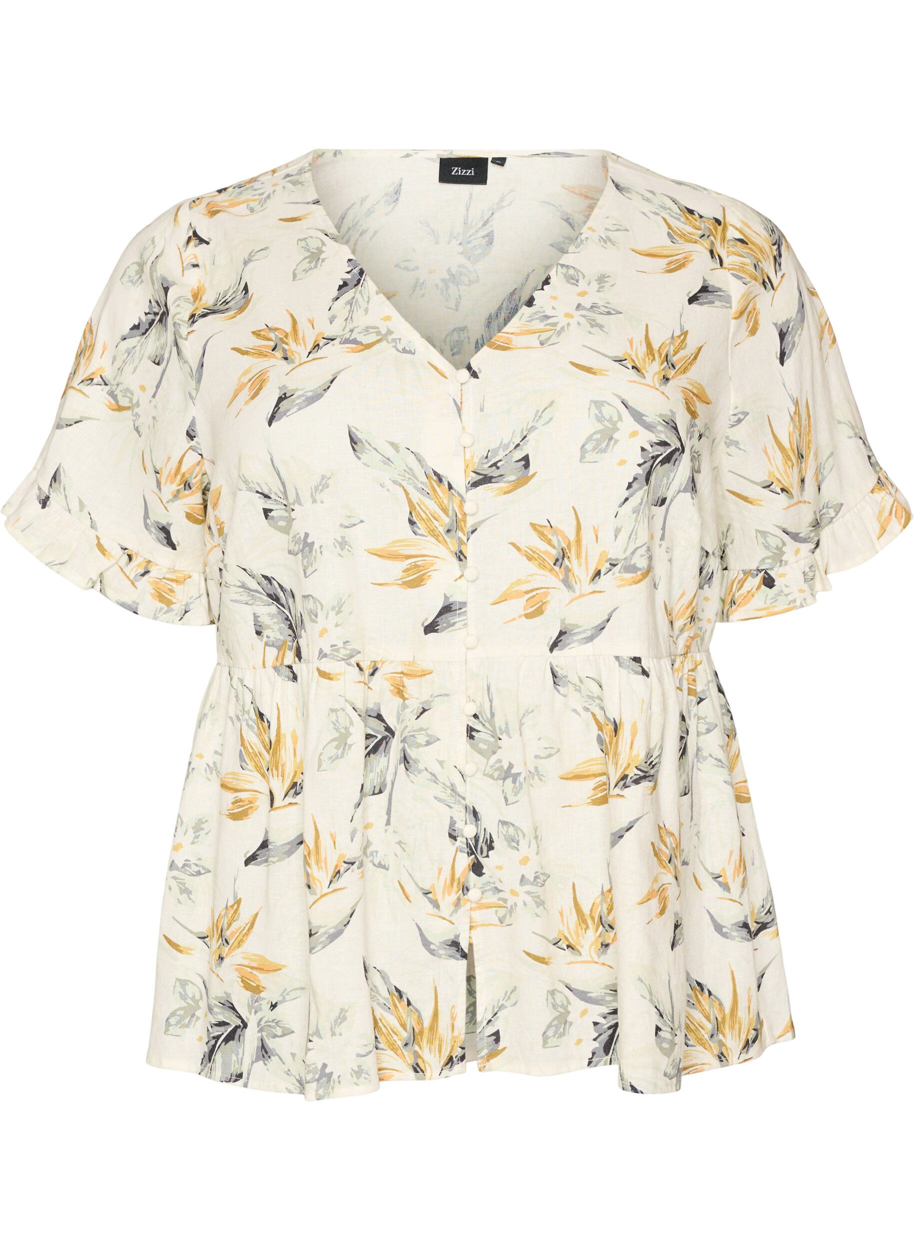 Blouse in linnen en viscose met een V-hals en knoopsluiting