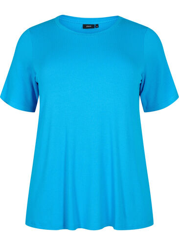 T-shirt van viscose met ribstructuur, Ibiza Blue, Packshot image number 0