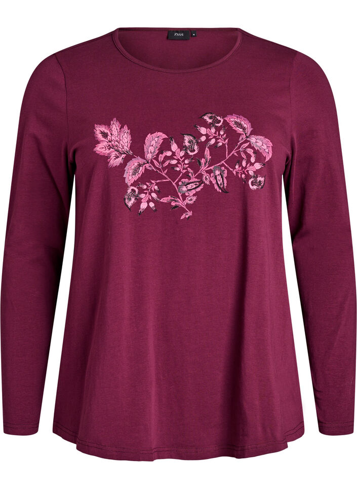 Nacht top in katoen met print aan de voorkant, Donker Bordeaux, Packshot image number 0