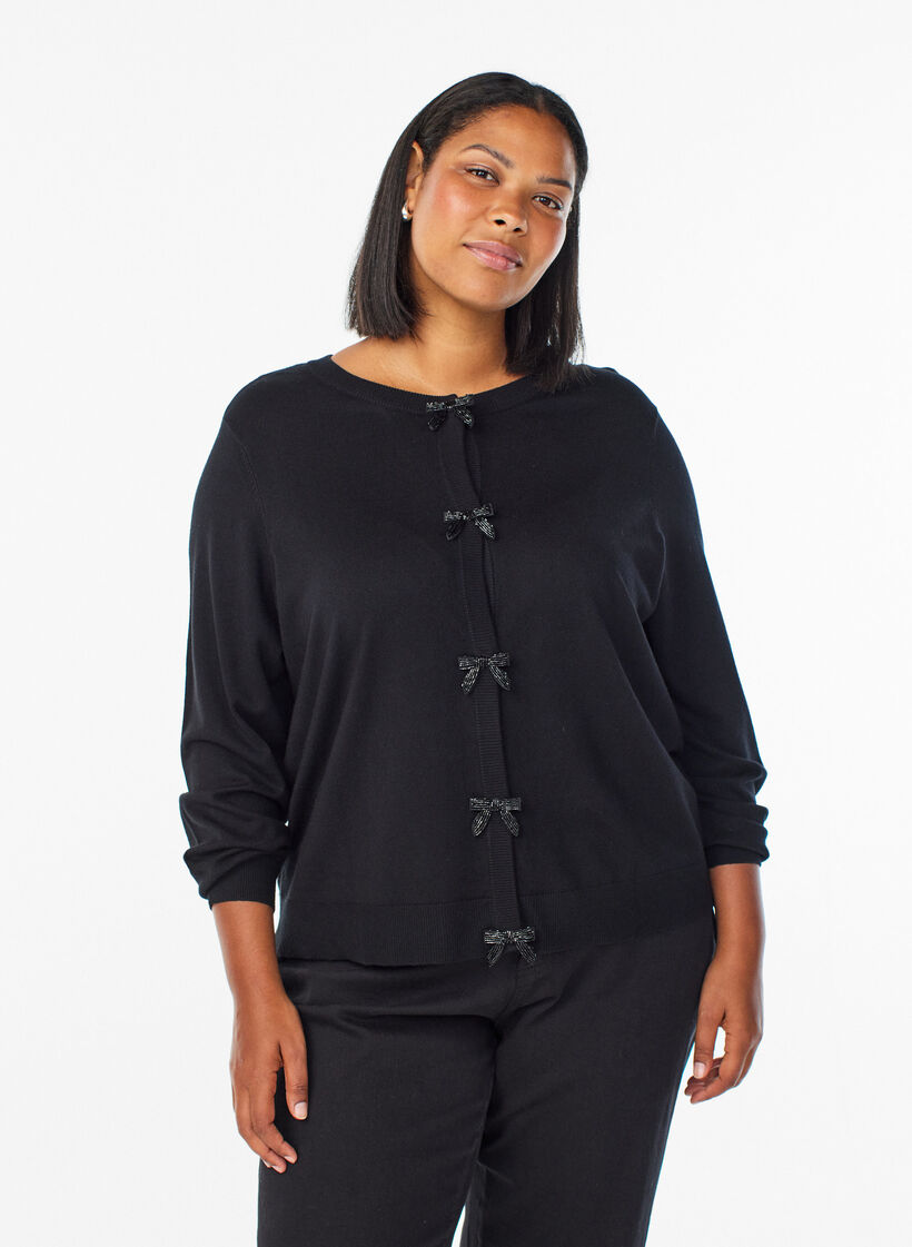 Cardigan met parelgeborduurde strikken en drukknoopjes, Zwart, Model image number 0