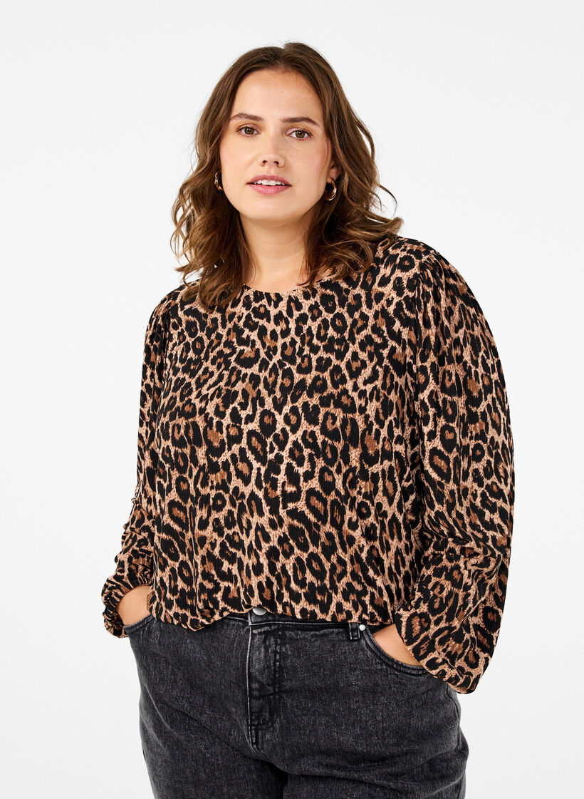 Blouse met lange mouwen en luipaardprint, Bruin, Model image number 0