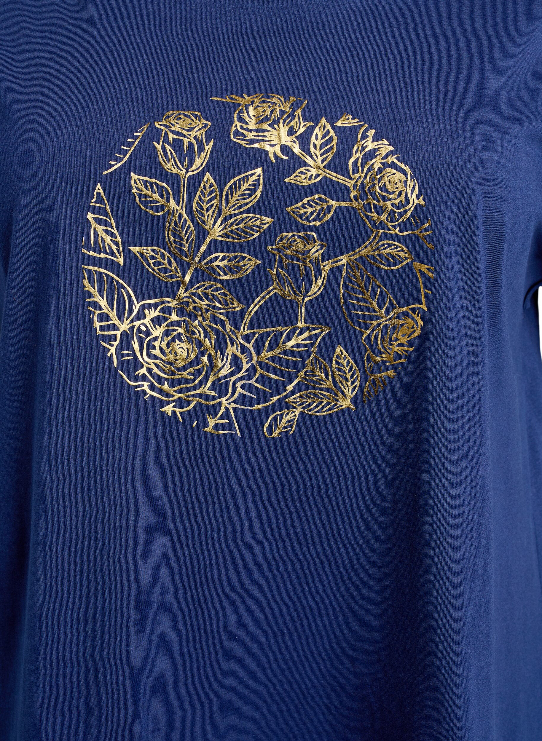 Zizzi T-shirt met gouden bloemenprint, Naval A. Gold Rose, Packshot image number 2