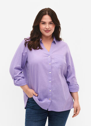 Overhemdblouse met knoopsluiting in katoen-linnen mix, Lavender, Model image number 0