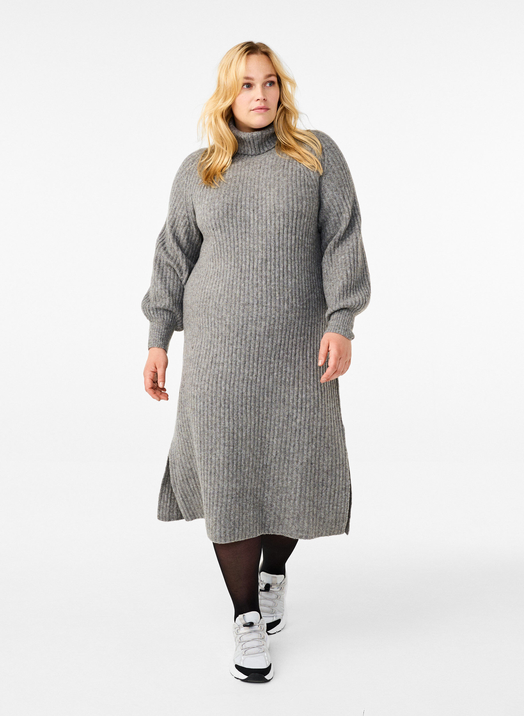 Zizzi Lange gebreide jurk met col, Medium Grey Mel., Model image number 0
