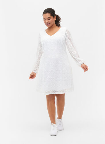 Kanten jurk met v-snit en lange mouwen, Bright White, Model image number 2