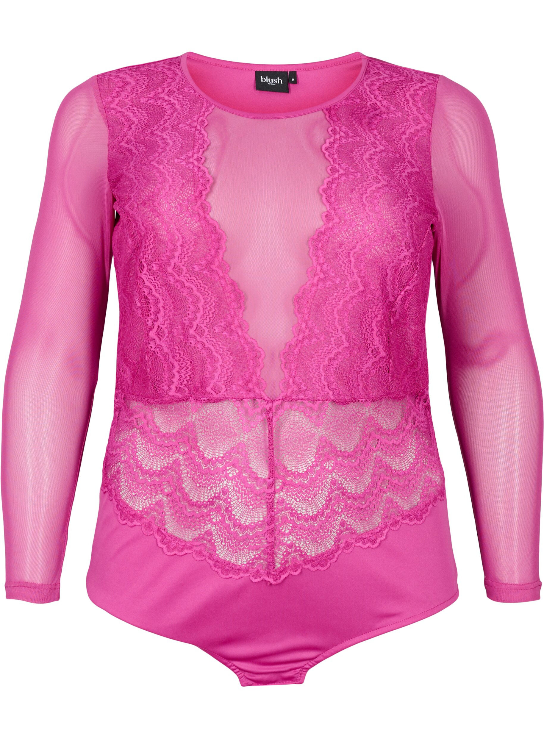 Zizzi Bodystocking met kant en mesh, Fuchsia Red, Packshot image number 0