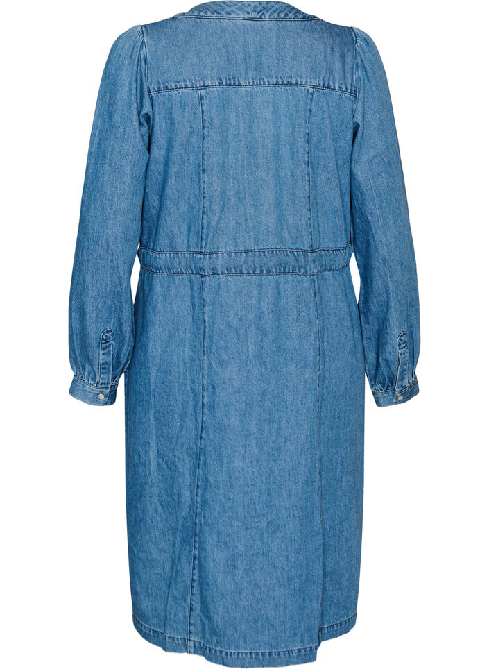 Denimjurk met V-hals en strikceintuur, Blauw, Packshot image number 1