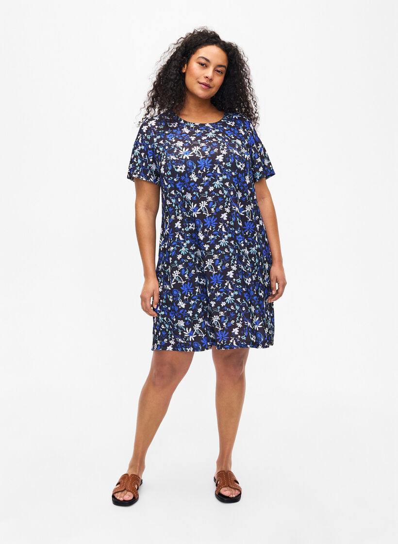 FLASH - Jurk met bloemenprint en korte mouwen, Black Blue Green AOP, Model image number 2