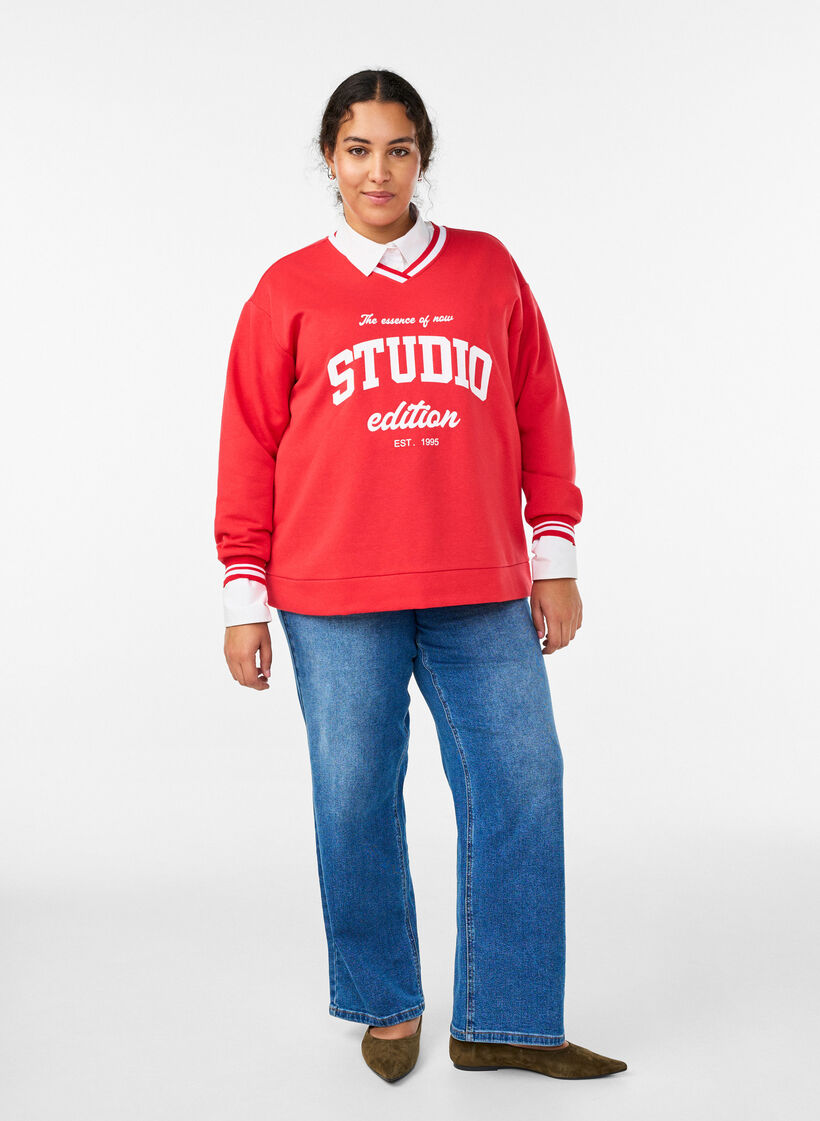 Sweatshirt met V-hals en tekstprint, Rood, Model image number 1