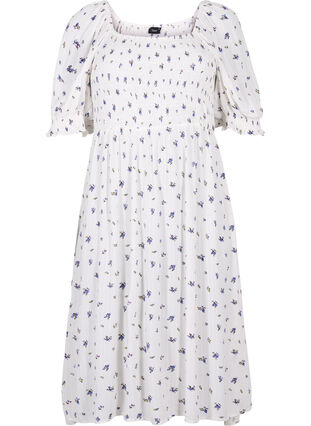 Gebloemde viscose midi-jurk met smock, Bright White Flower, Packshot image number 0