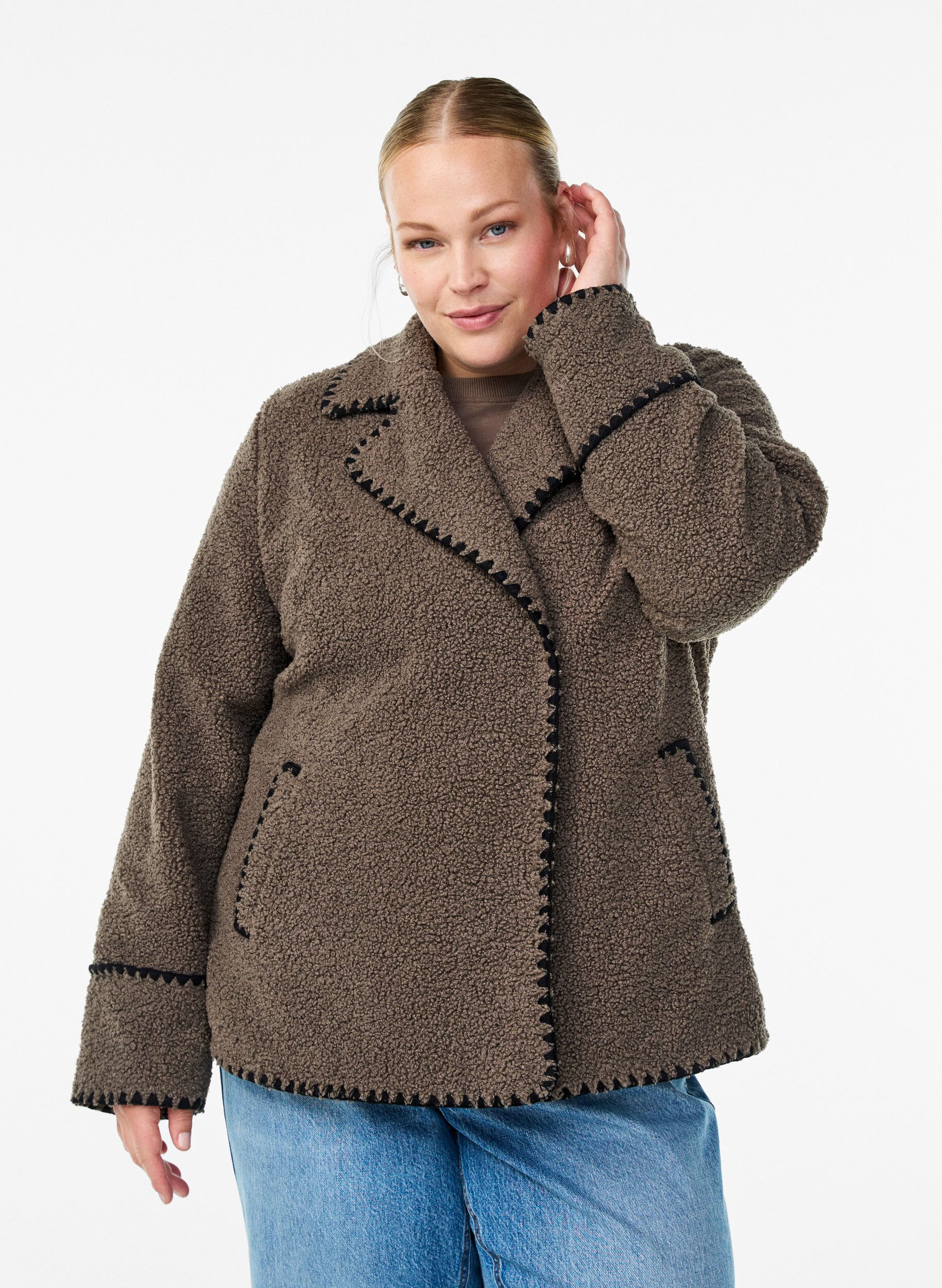 ZizziTeddy jas met contrast details, Bruin, Model image number 0