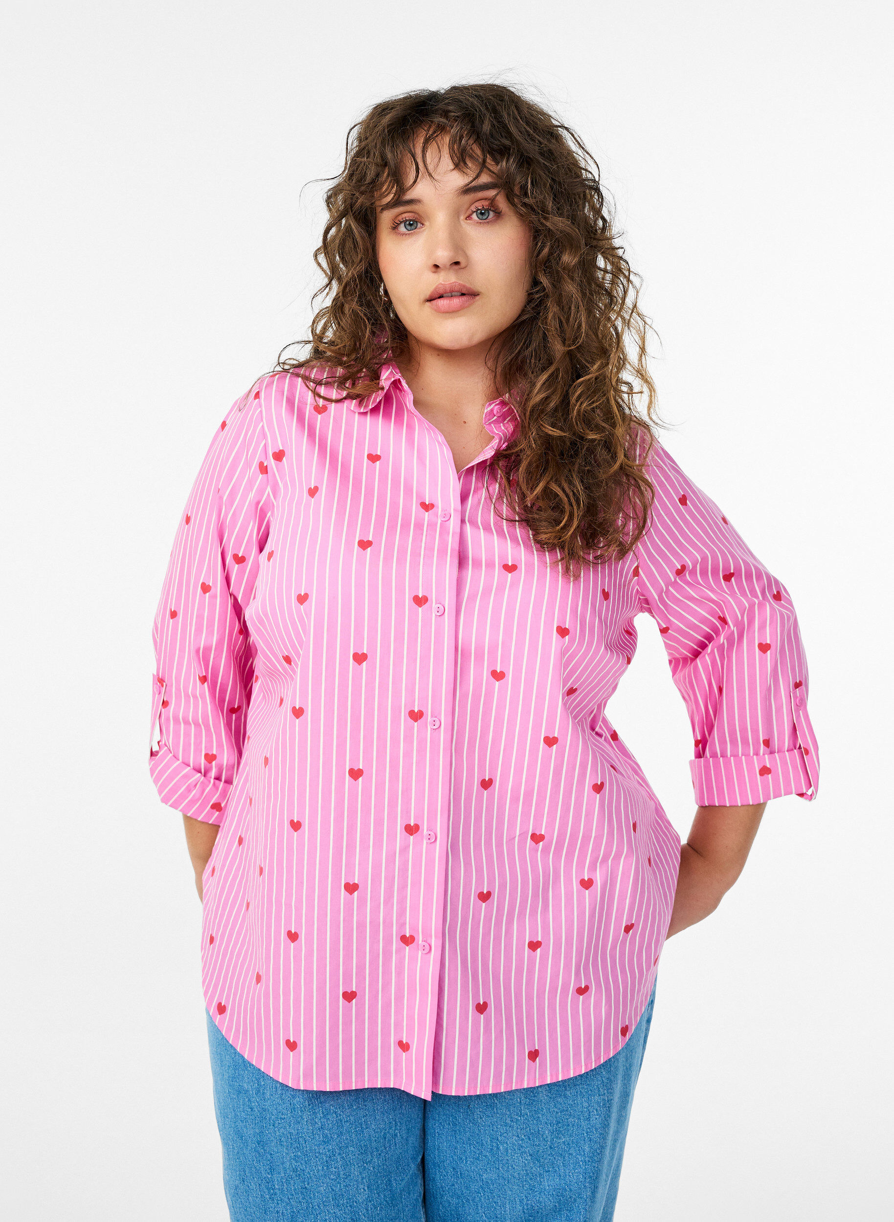 Shirt blouse met strepen en hartjes, Roze, Model