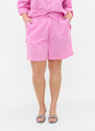 Losse shorts in katoenmix met linnen, Begonia Pink, Model image number 1