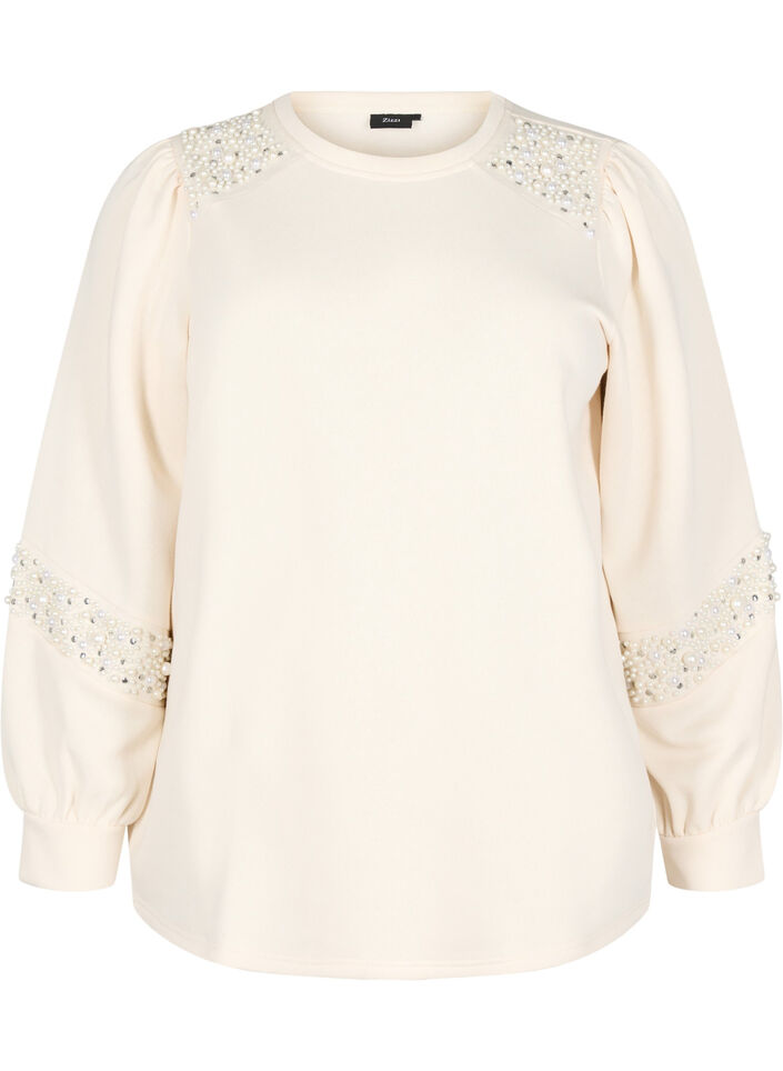 Sweatshirt met pareldetails, Buttercream, Packshot image number 0