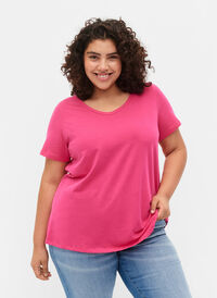 Basic t-shirt in effen kleur met katoen, Beetroot Purple, Model
