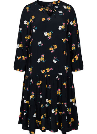 Midi-jurk met print in 100% viscose, Black Flower, Packshot image number 0