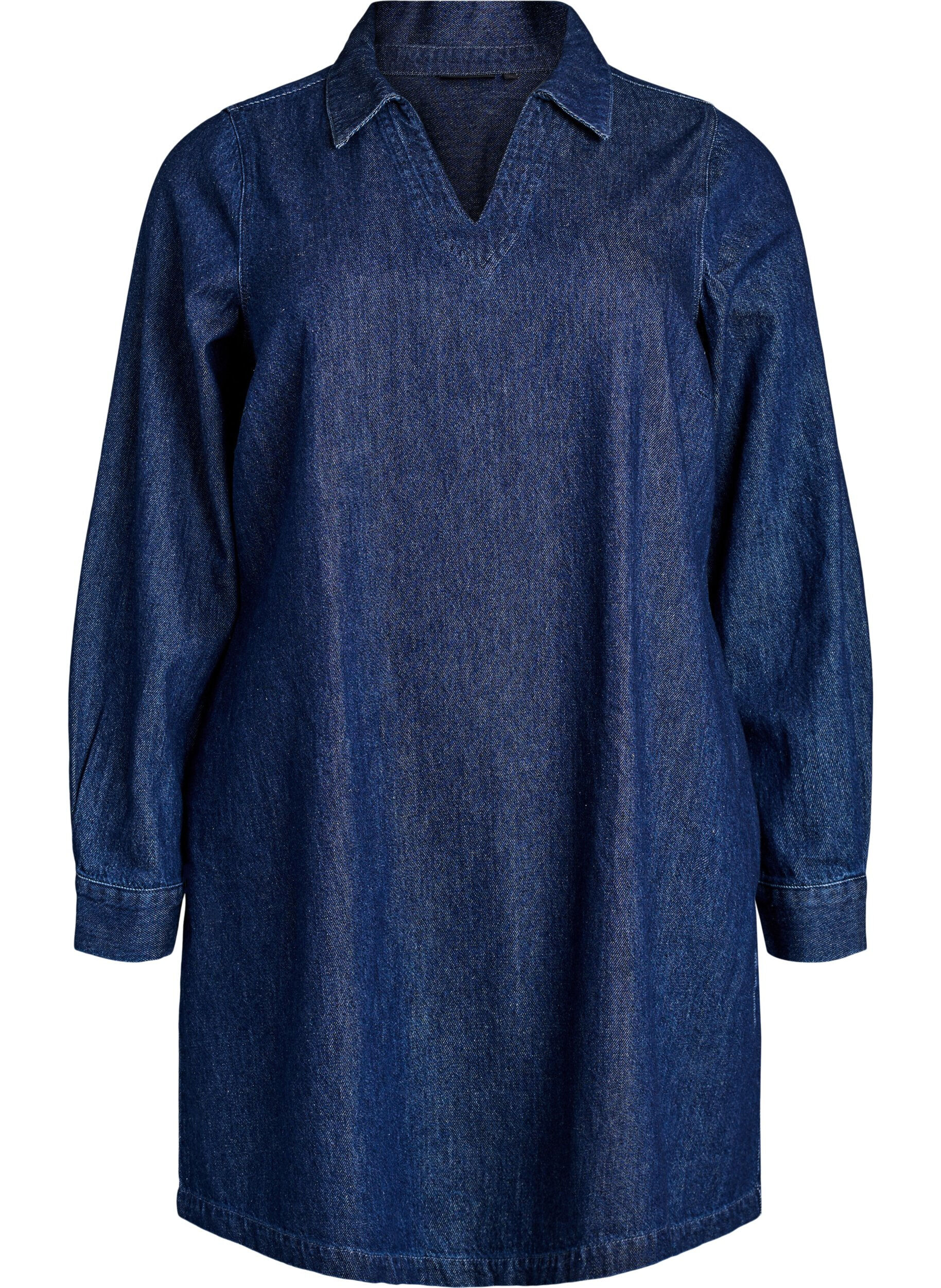 ZizziKorte denim jurk met een V-hals en kraag, Blauw, Packshot image number 0