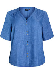 Overhemd blouse met V-hals en korte mouwen, Blauw
