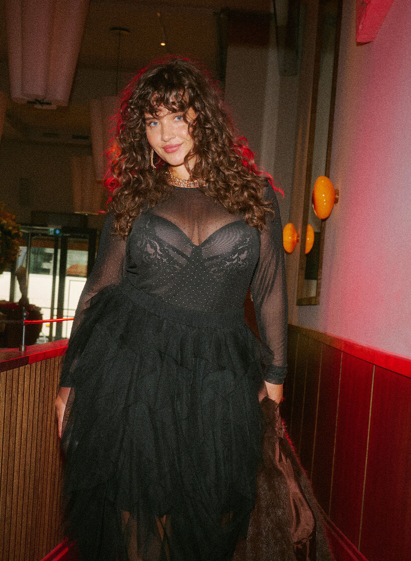 Transparante mesh blouse met strassteentjes, Zwart, Image image number 0