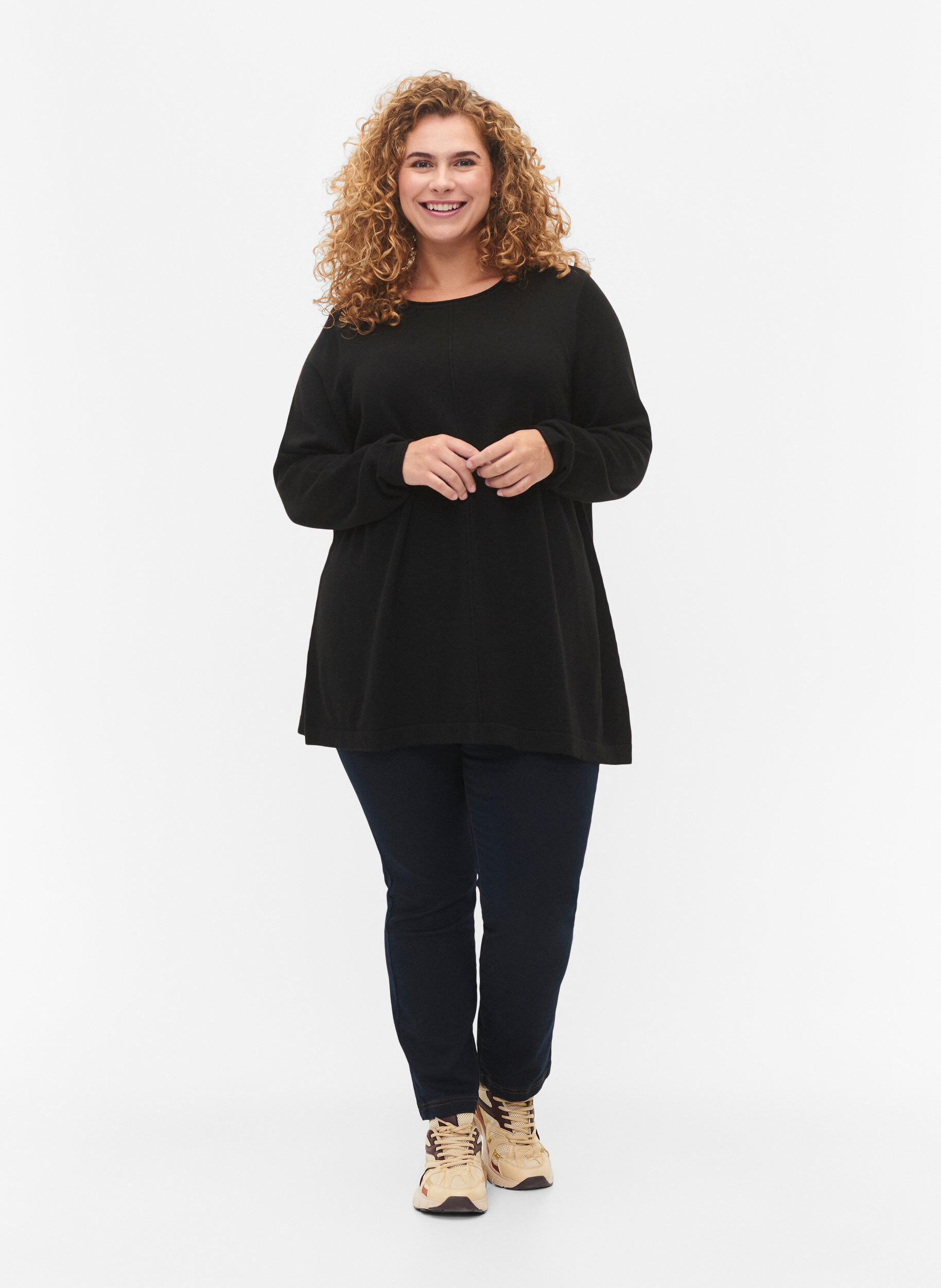 ZizziGebreide blouse gemaakt van katoen en viscose., Zwart, Model image number 1