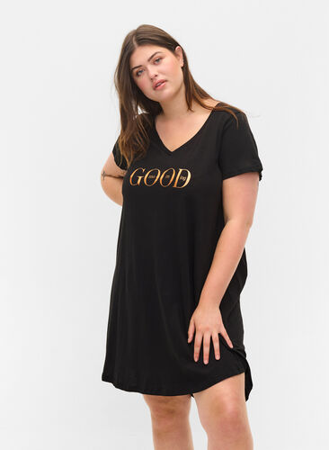 Katoenen pyjama jurk met korte mouwen en print, Black GOOD, Model image number 0