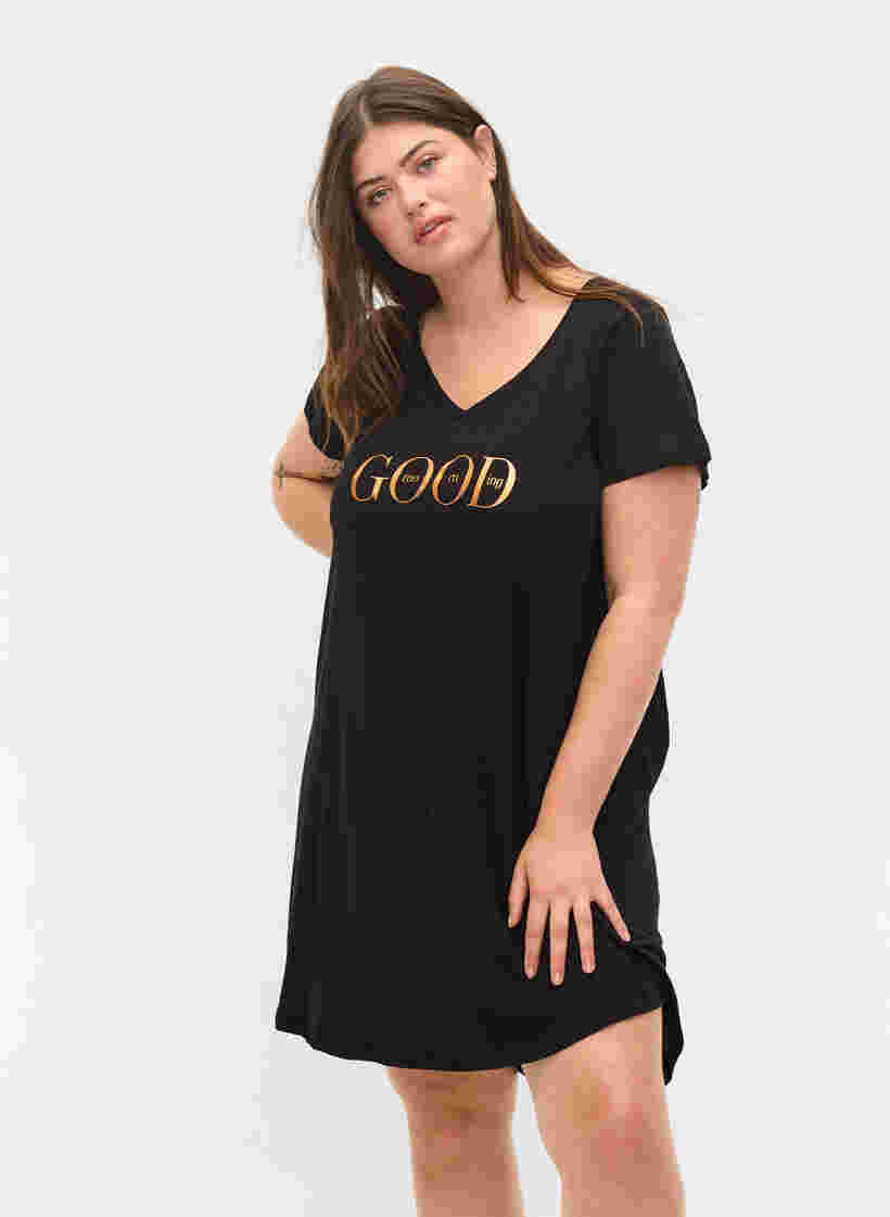 Katoenen pyjama jurk met korte mouwen en print, Black GOOD, Model image number 0
