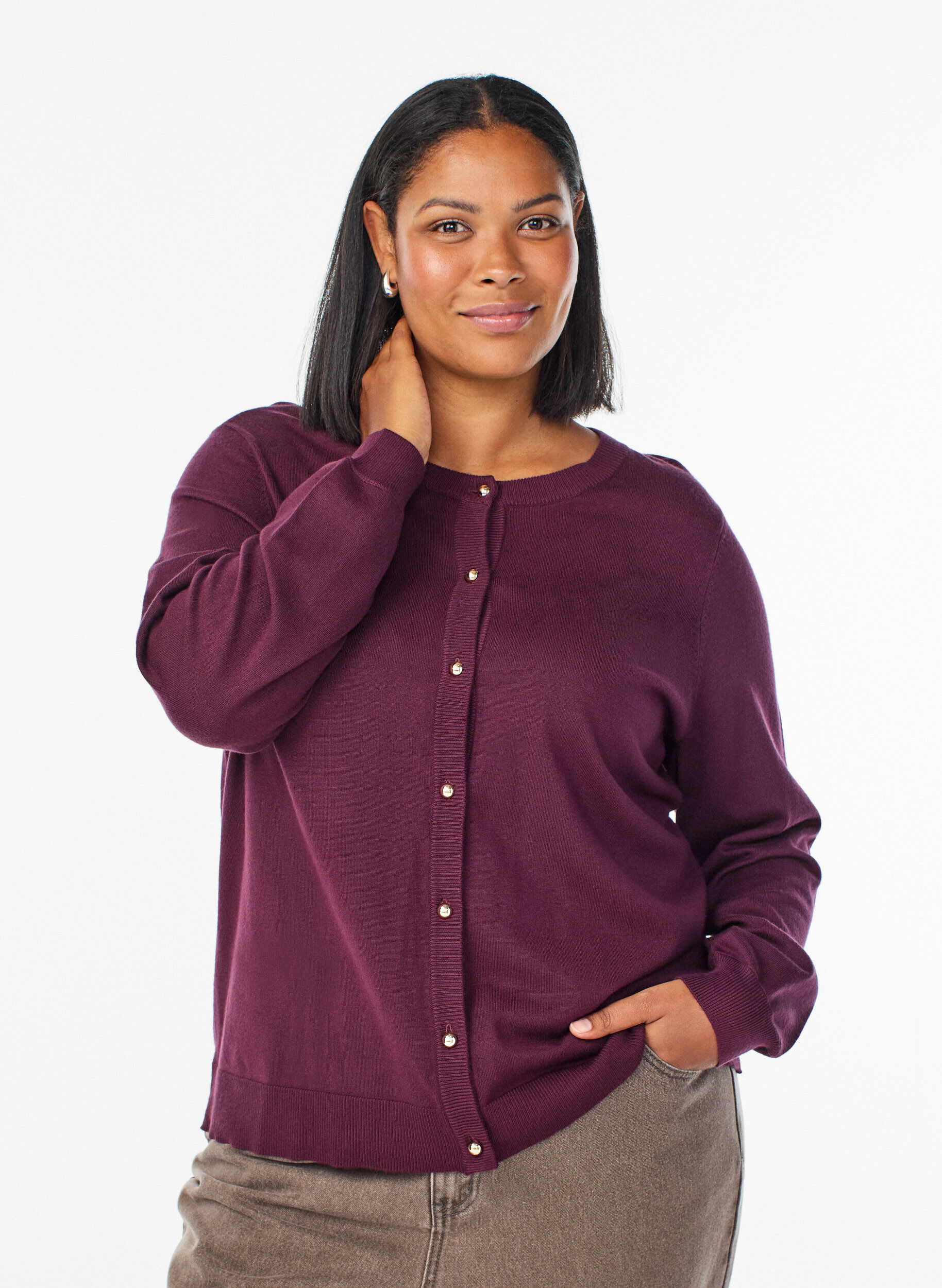 Zizzi Fijngebreide cardigan met bolknopen, Rood, Model image number 0