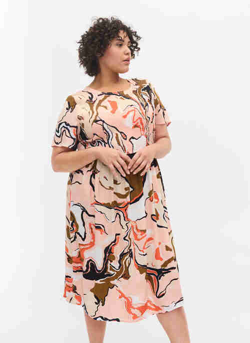 Viscose jurk met print en smokwerk