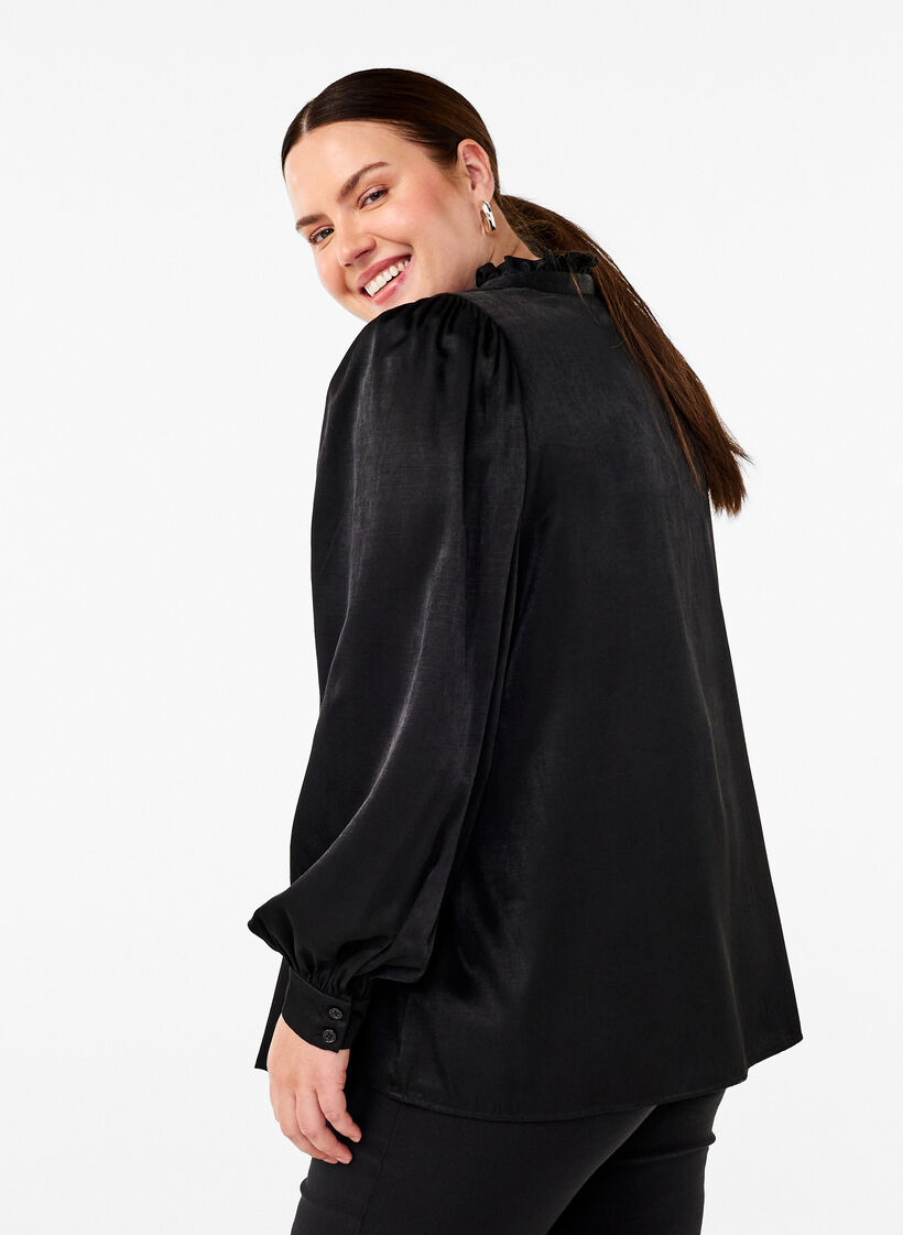 Blouse met lange mouwen, ruches en V-hals, Black, Model image number 1