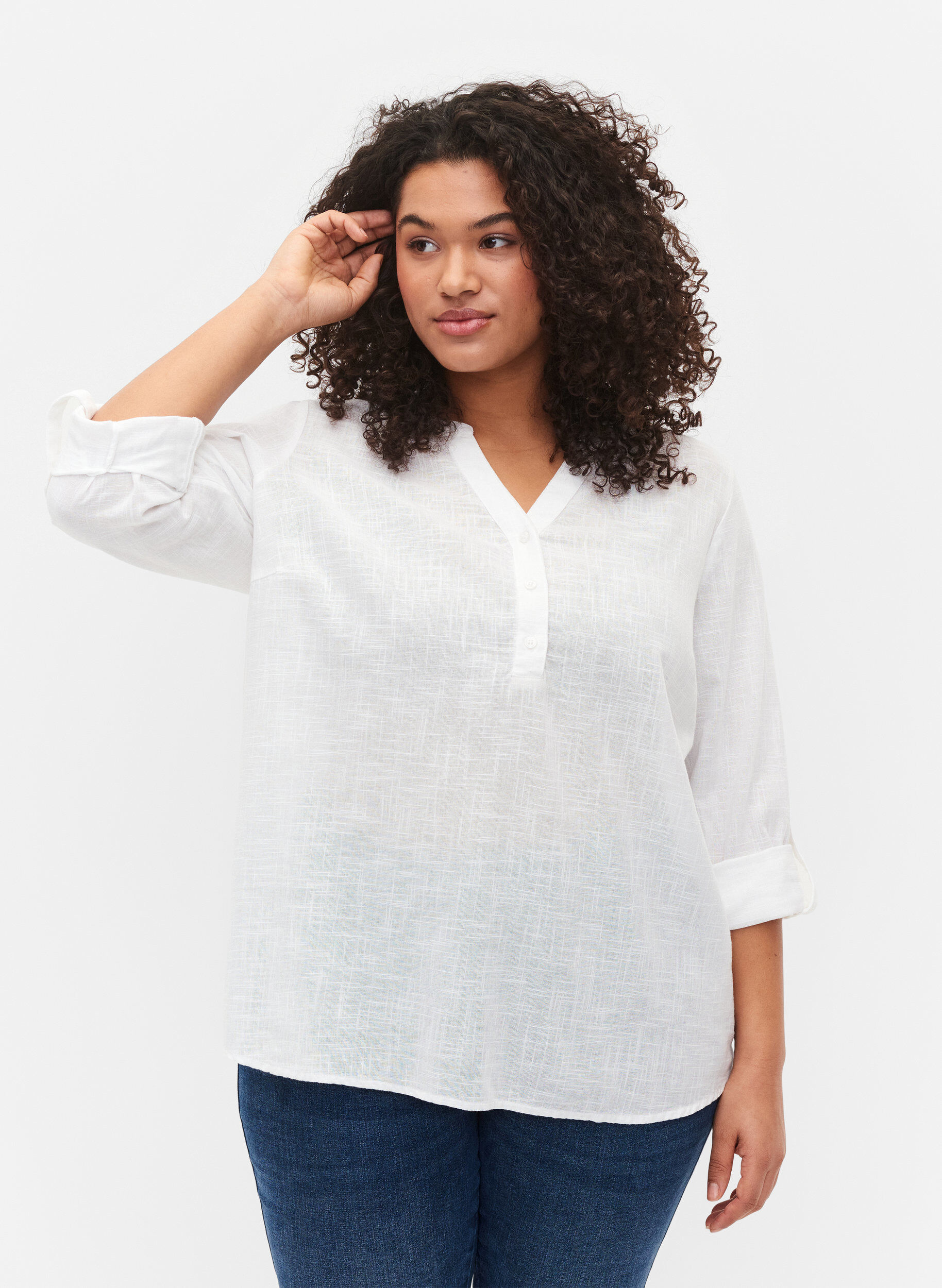 Zizzi Blouse van katoen met v-hals, Bright White, Model image number 0