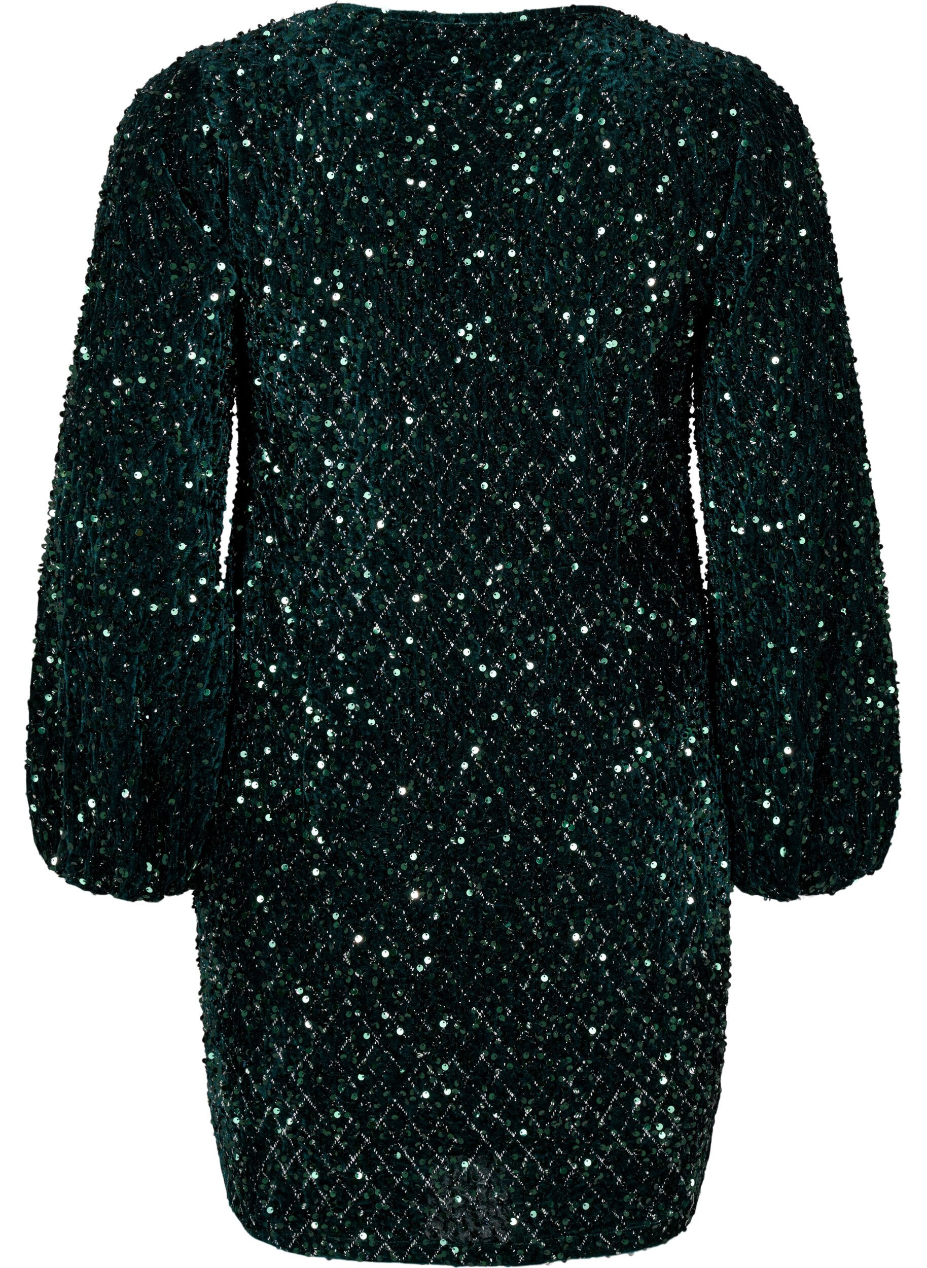 Zizzi Paillettenjurk met een V-hals en ruitjespatroon, Rain Forest Sequins, Packshot image number 1