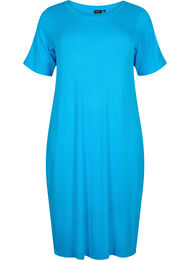 Halflange jurk met korte mouwen van viscose ribstof, Ibiza Blue