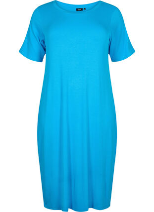 Halflange jurk met korte mouwen van viscose ribstof, Ibiza Blue, Packshot image number 0