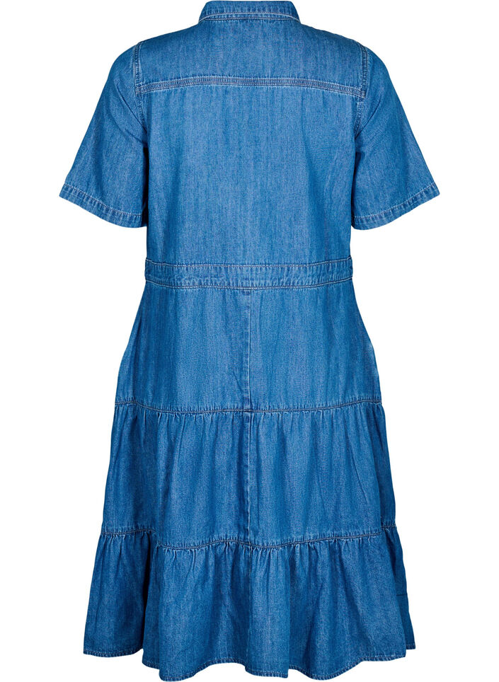 Midi denim jurk met knopen en korte mouwen, Blauw, Packshot image number 1