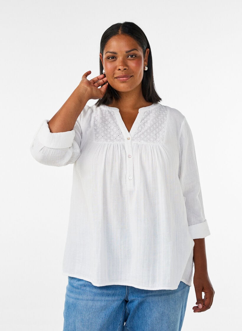 Blouse in katoenen mousseline met broderie anglaise, Wit, Model image number 0
